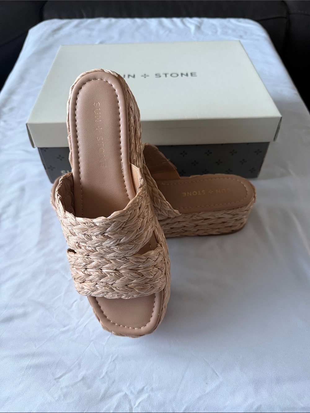 Sun + Stone OLINKAAR Nat Raffia Sandals, Size 7.5 M